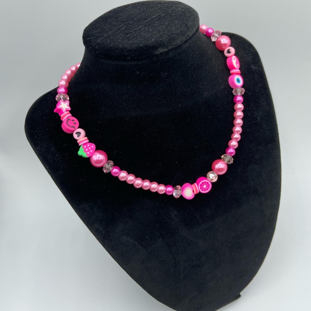 Handmade Pink Trendy Y2K Inspired Glass Bead Stretch Necklace
